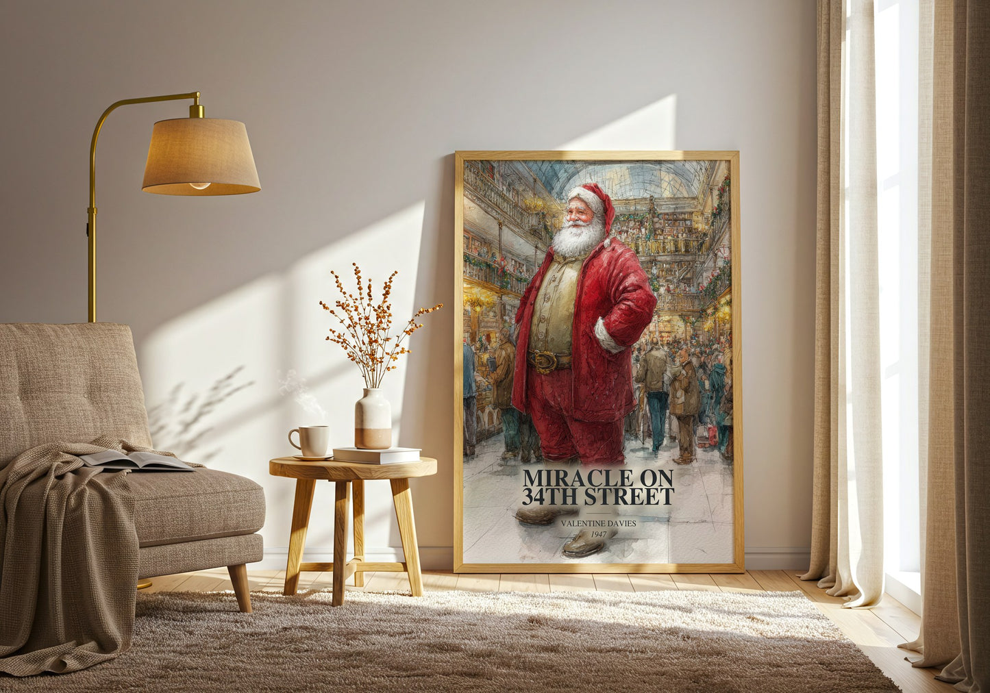 Miracle On 34Th Street watercolour print in frame leaning in hallway – childrens wall art