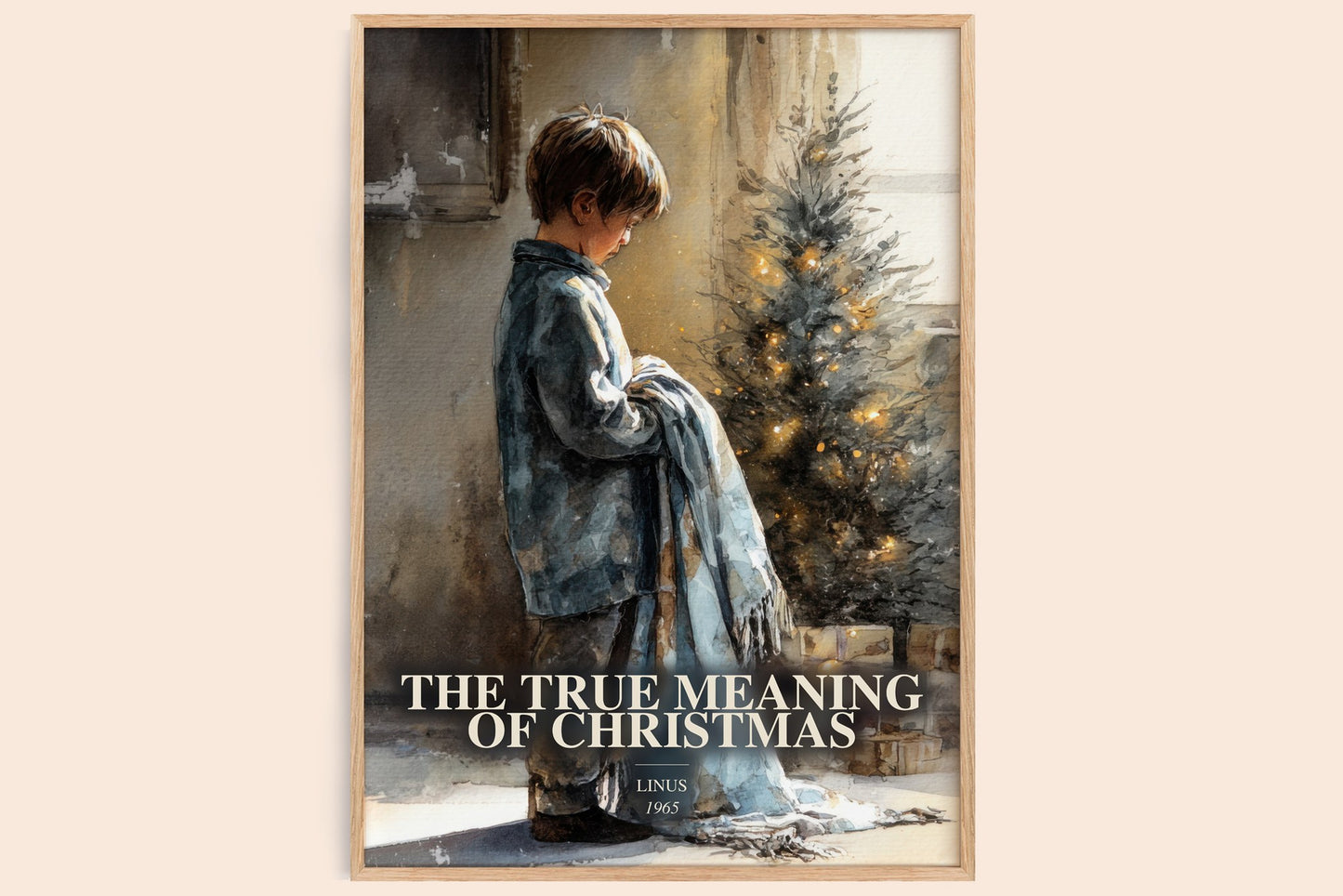 The True Meaning Of Christmas watercolour book poster by Linus – framed literary art print