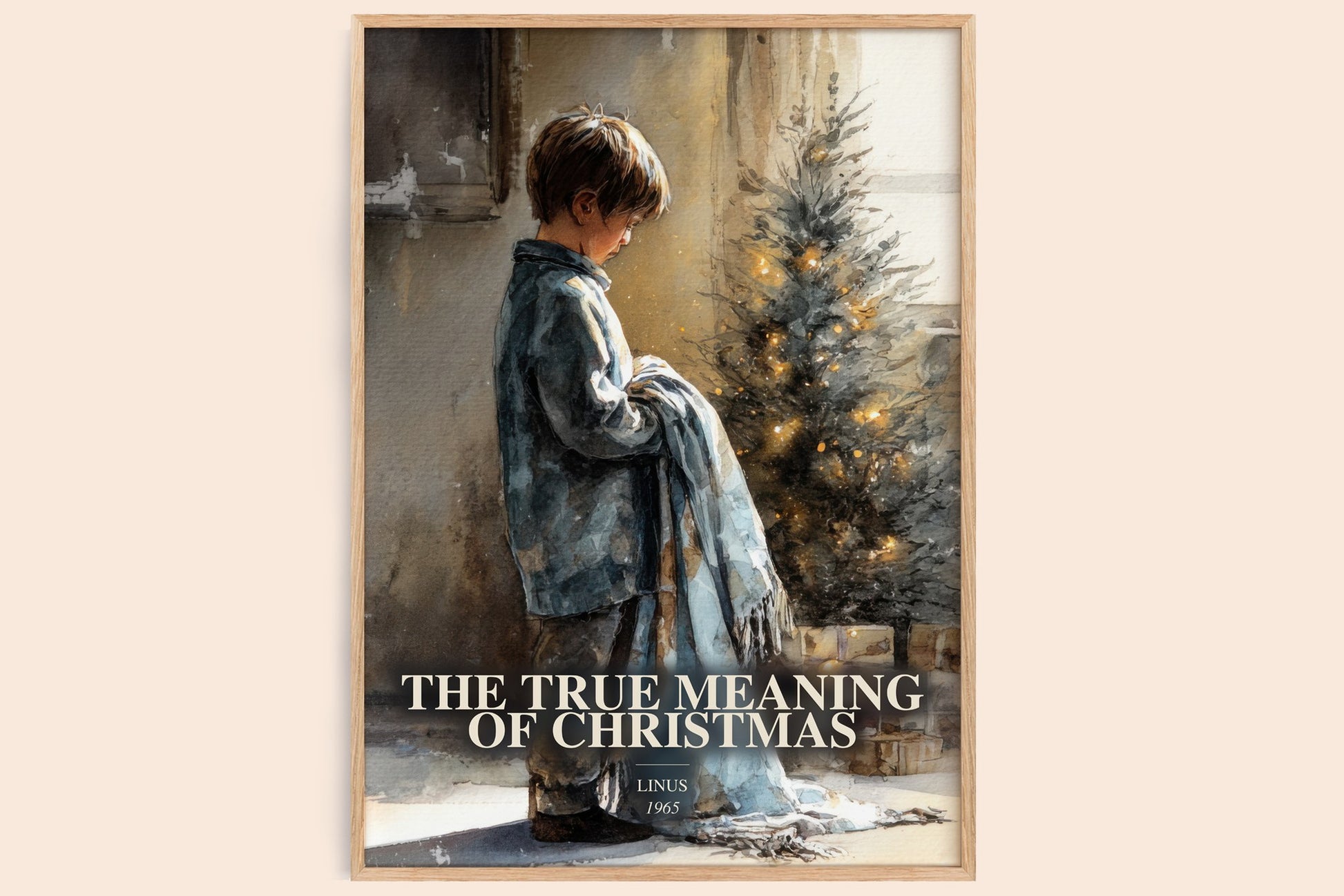 The True Meaning Of Christmas watercolour book poster by Linus – framed literary art print