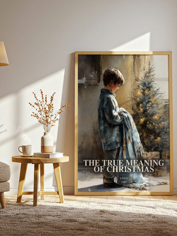 The True Meaning Of Christmas watercolour print in frame leaning in hallway – childrens wall art