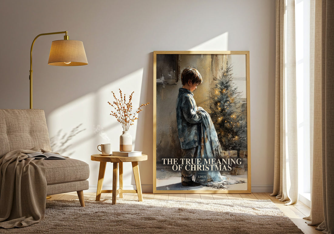 The True Meaning Of Christmas watercolour print in frame leaning in hallway – childrens wall art (mockup)