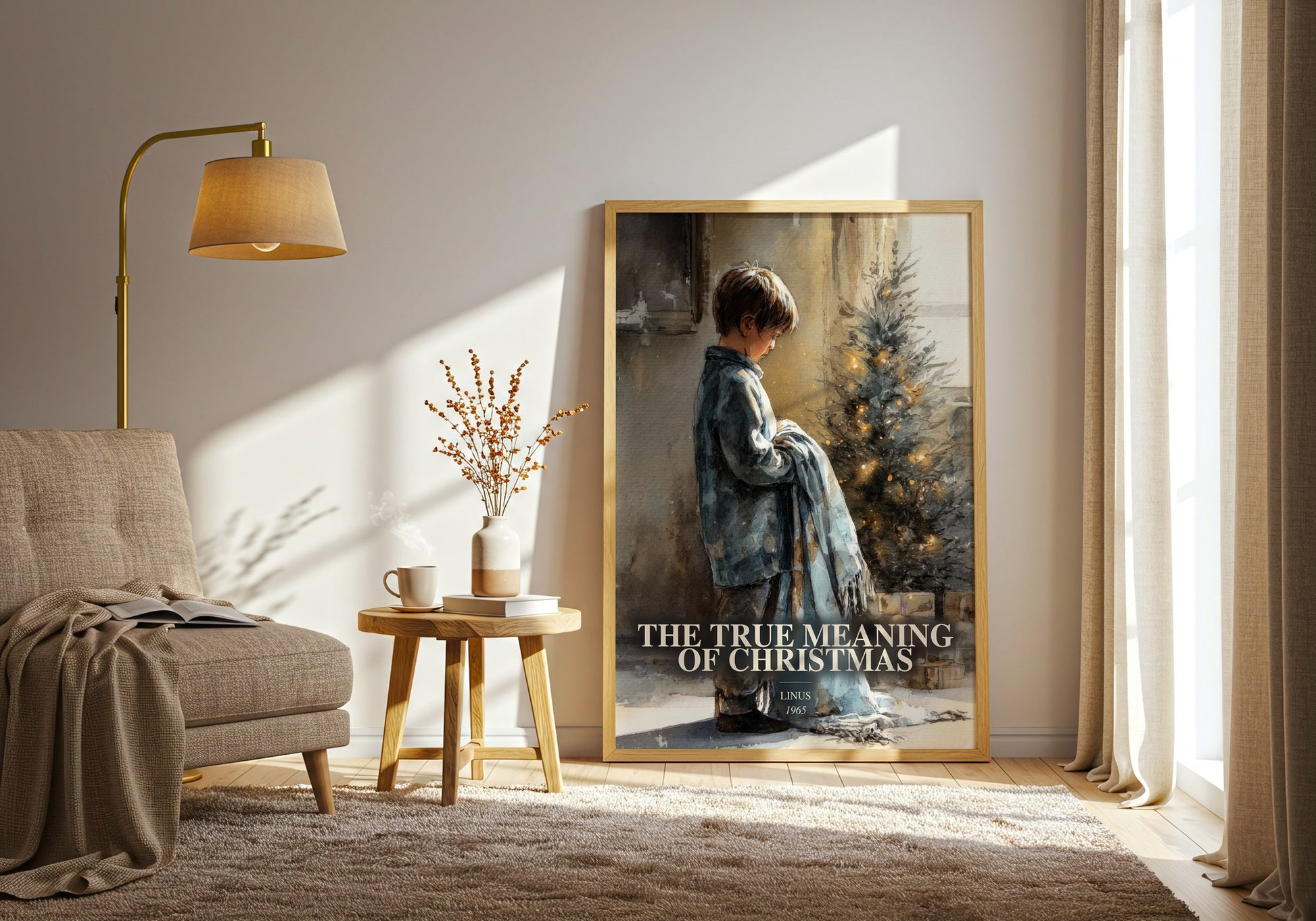 The True Meaning Of Christmas watercolour print in frame leaning in hallway – childrens wall art