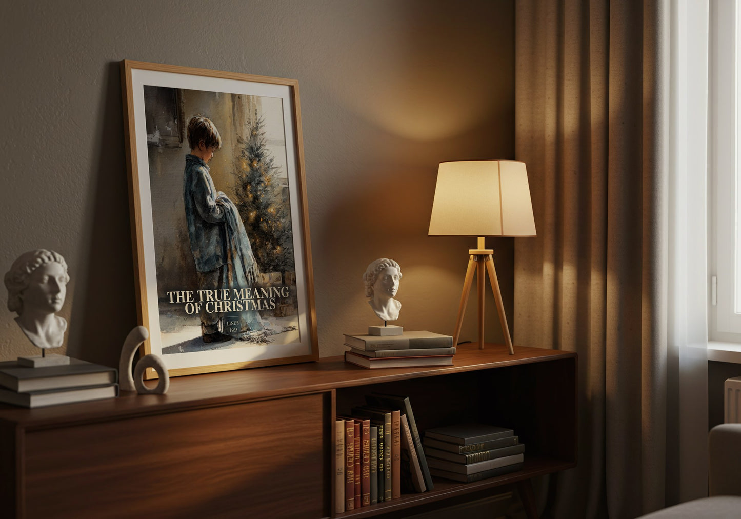 The True Meaning Of Christmas watercolour print on bookshelf – Linus fan gift