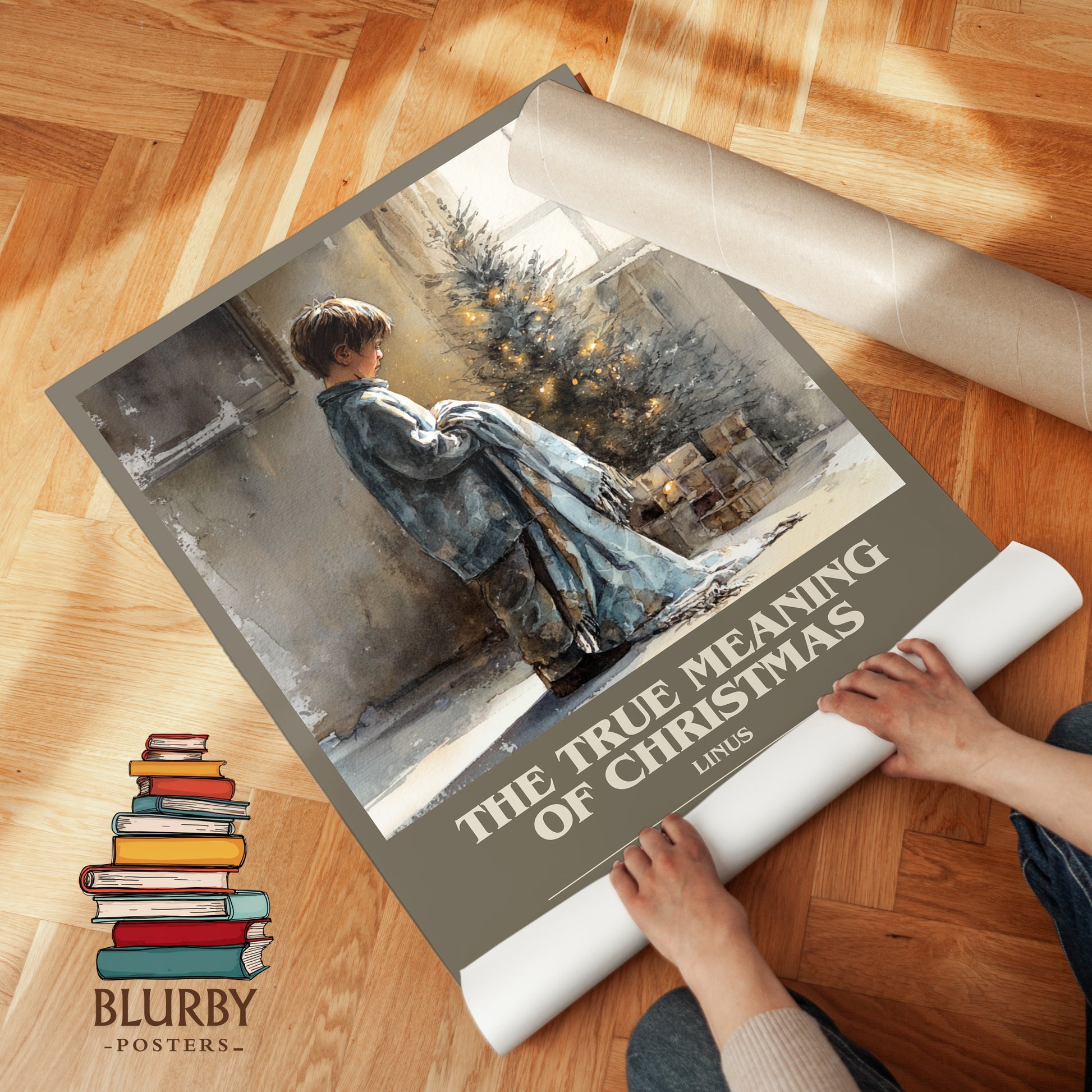 The True Meaning Of Christmas bookish print on bookshelf – Linus fan gift