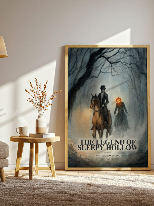 The Legend Of Sleepy Hollow watercolour print in frame leaning in hallway – classic literature wall art