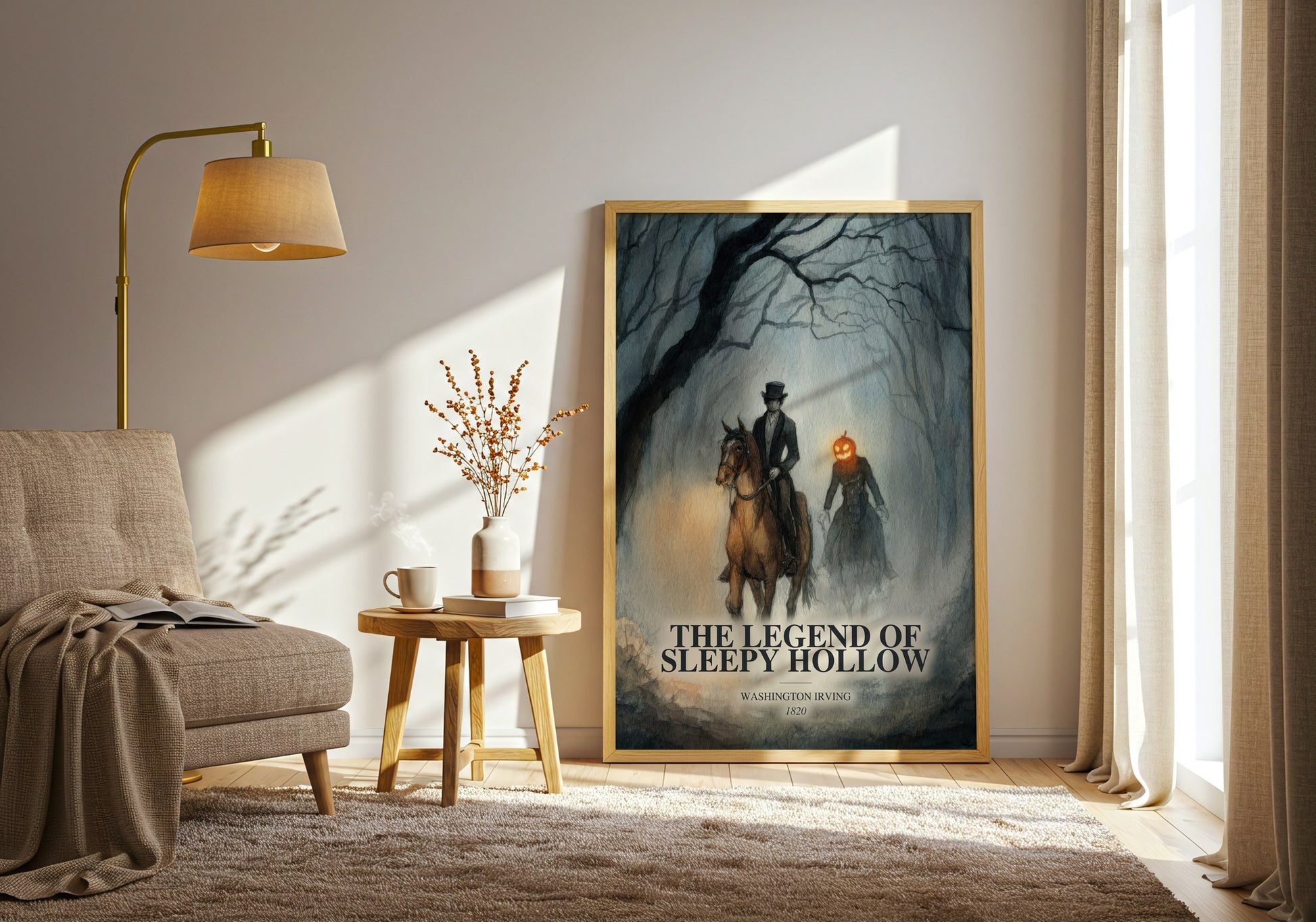 The Legend Of Sleepy Hollow watercolour print in frame leaning in hallway – classic literature wall art