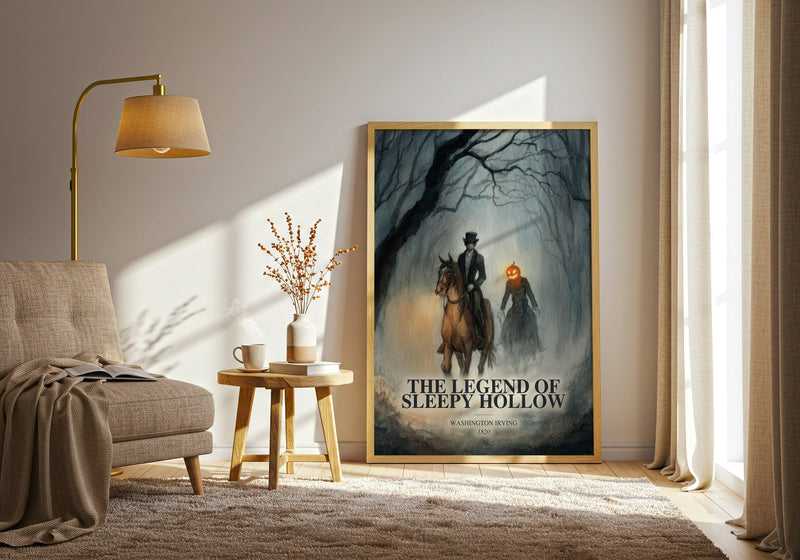 The Legend Of Sleepy Hollow watercolour print in frame leaning in hallway – classic literature wall art