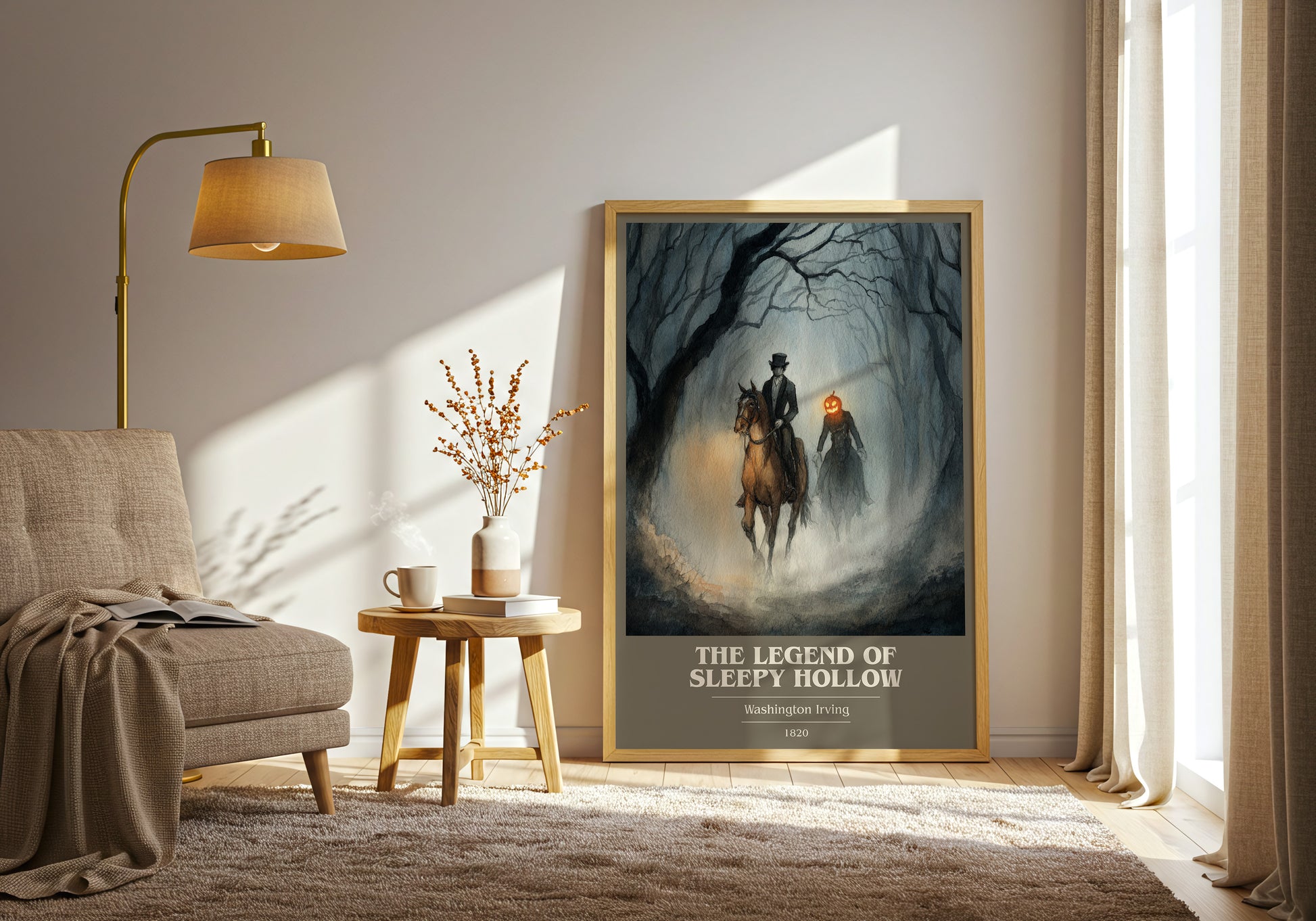 The Legend Of Sleepy Hollow book cover print framed by window – literary home decor