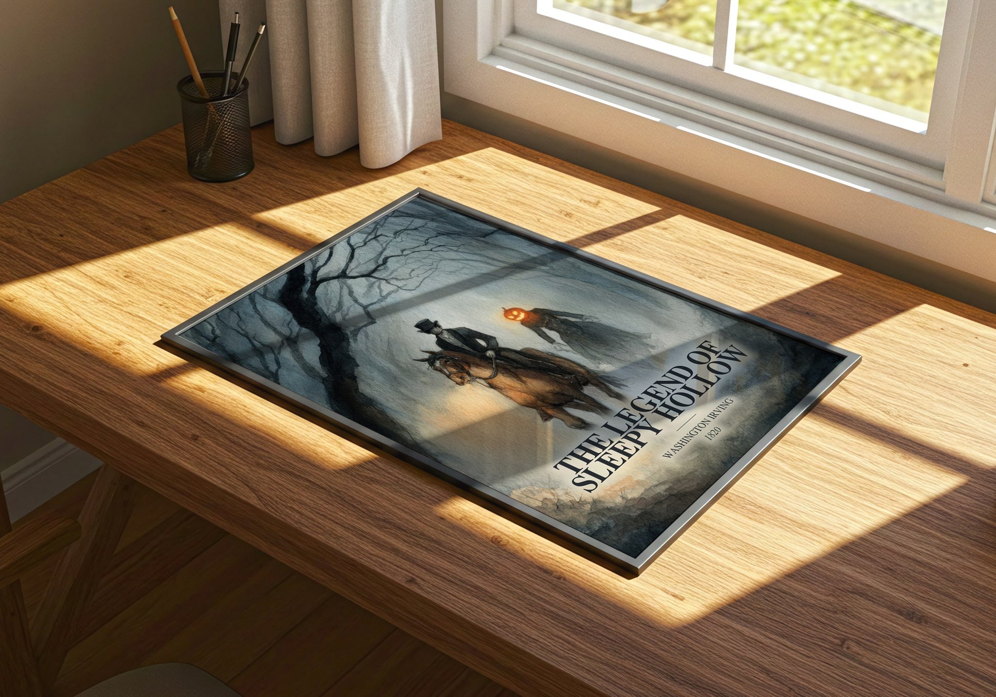 The Legend Of Sleepy Hollow watercolour book poster framed on wall – classic literature wall art