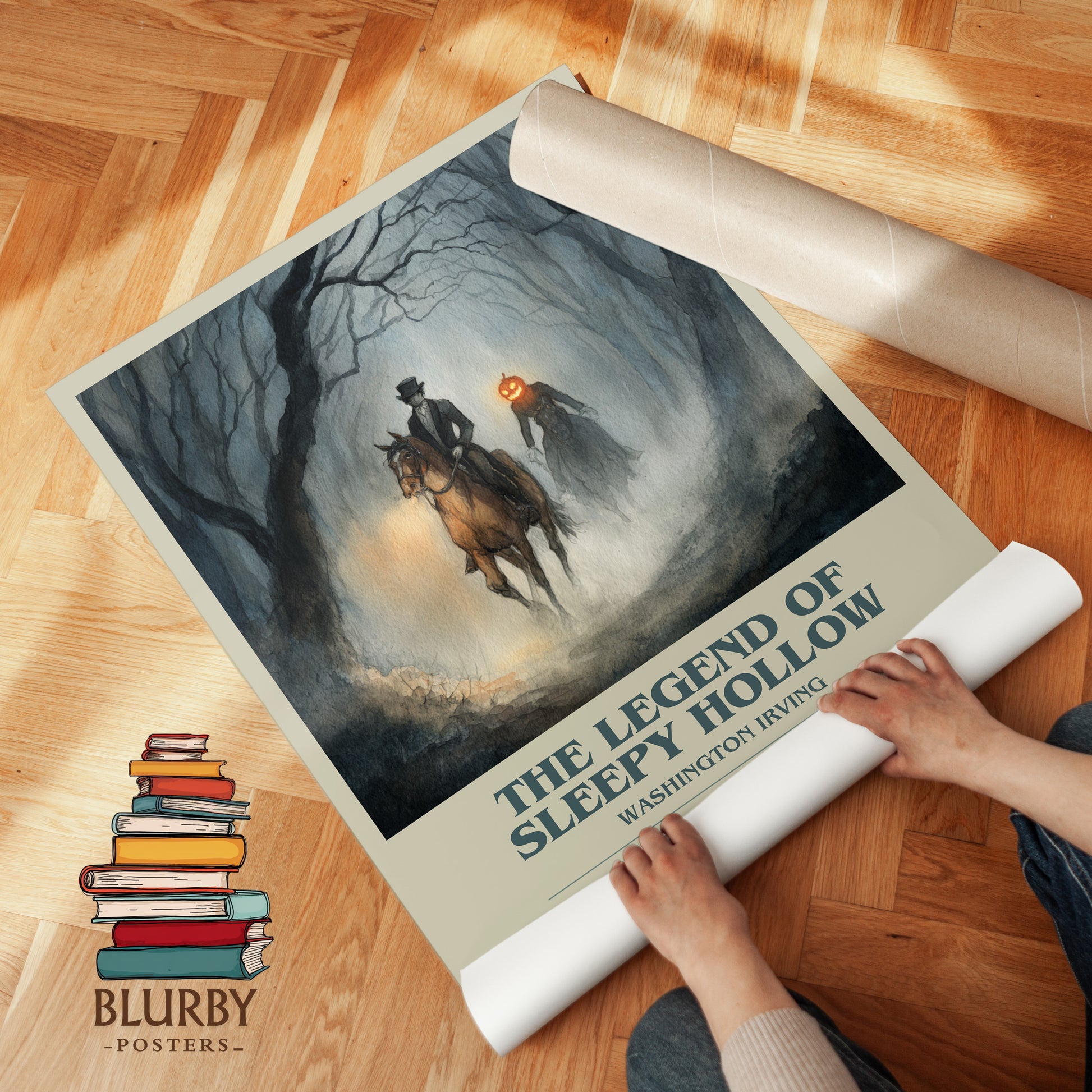 The Legend Of Sleepy Hollow bookish print on bookshelf – Washington Irving fan gift