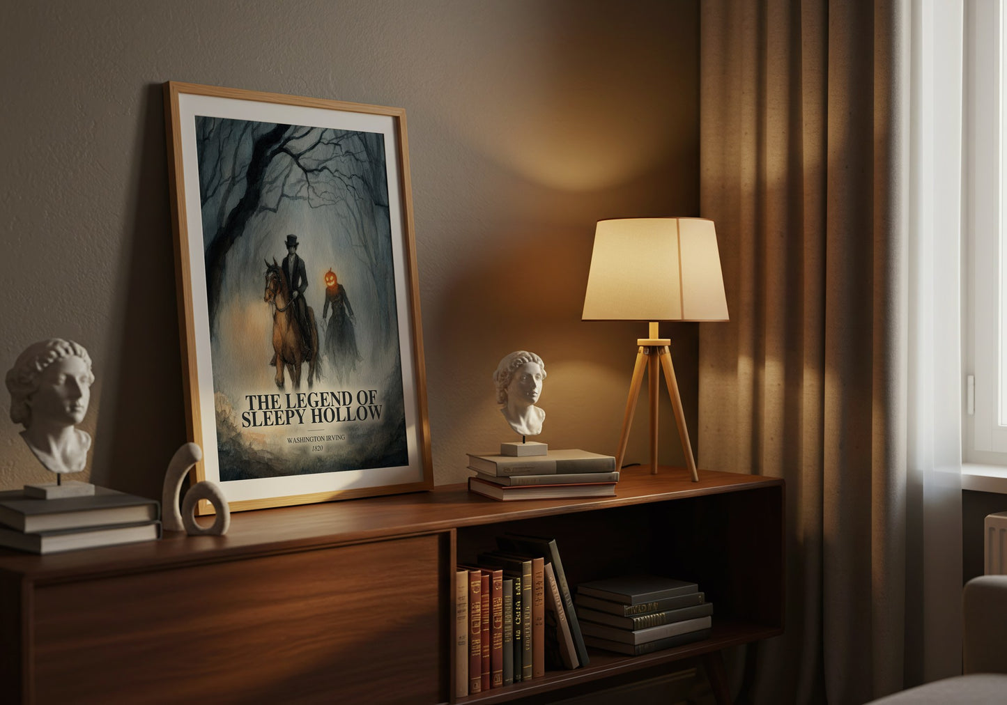 The Legend Of Sleepy Hollow watercolour print on bookshelf – Washington Irving fan gift