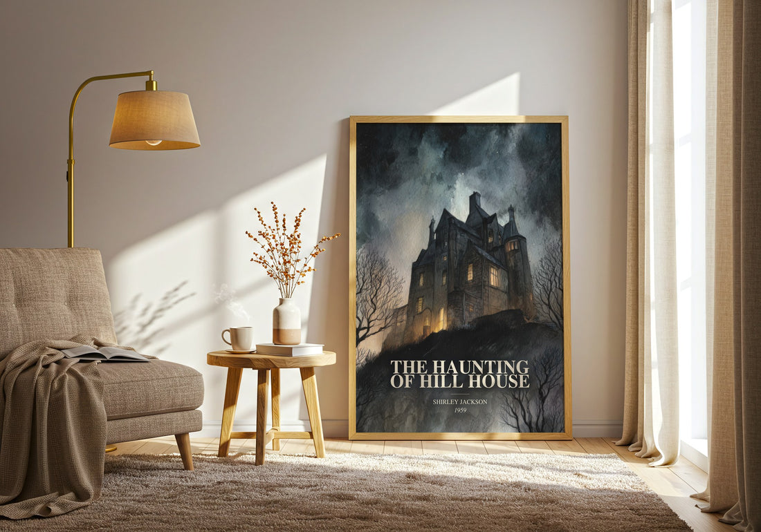 The Haunting Of Hill House watercolour print in frame leaning in hallway – gothic wall art (mockup)