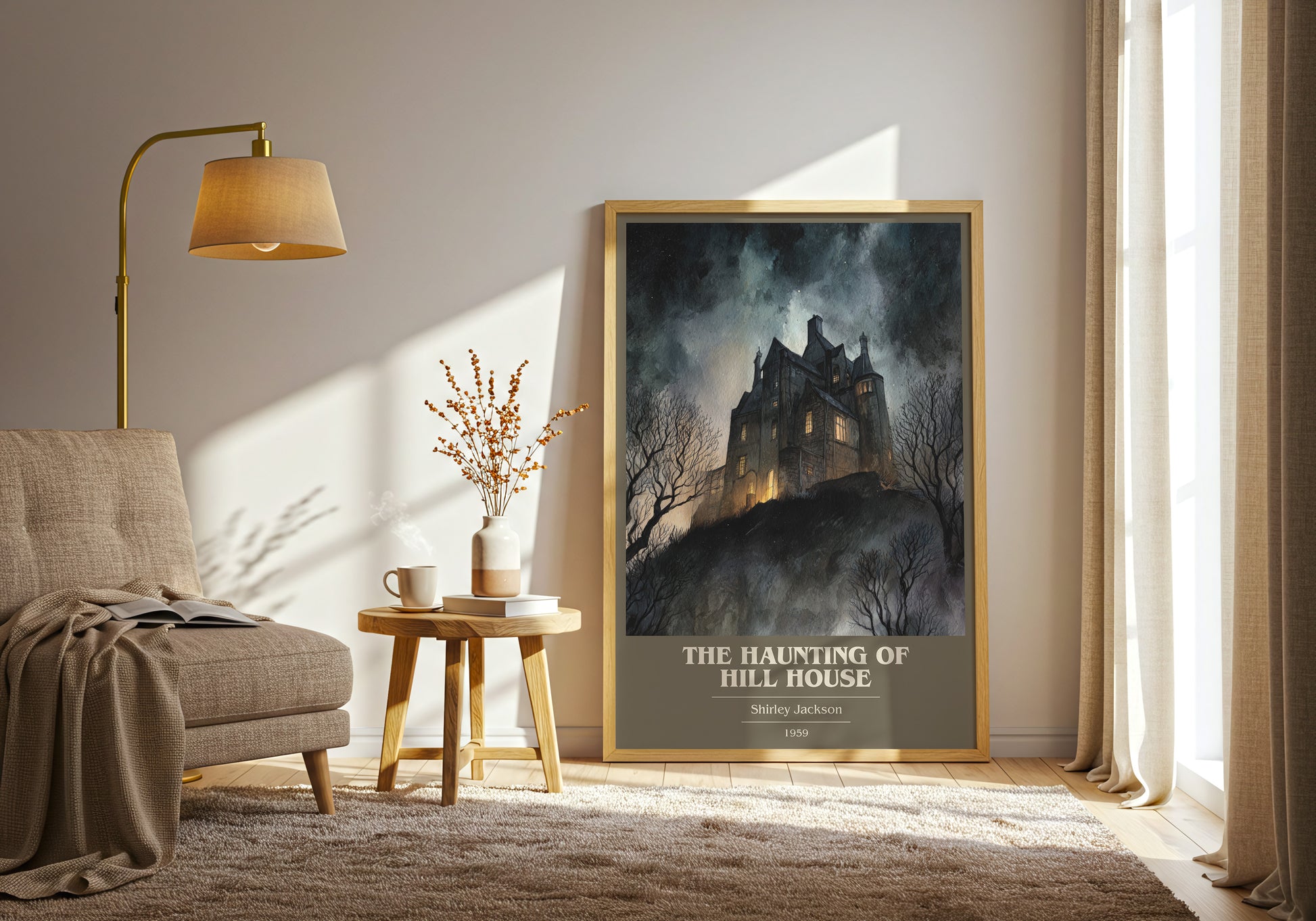 The Haunting of Hill House book cover print framed by window – literary home decor