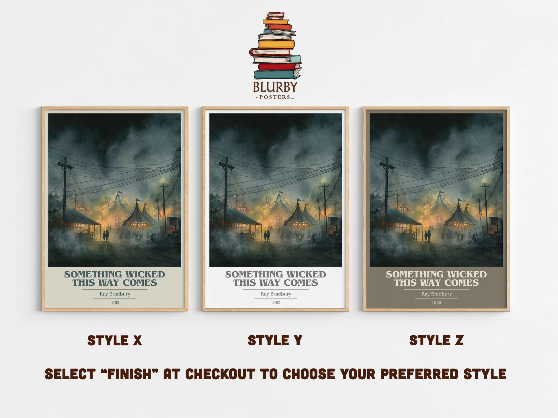 Something Wicked this Way Comes book cover print in frame leaning in hallway – horror wall art