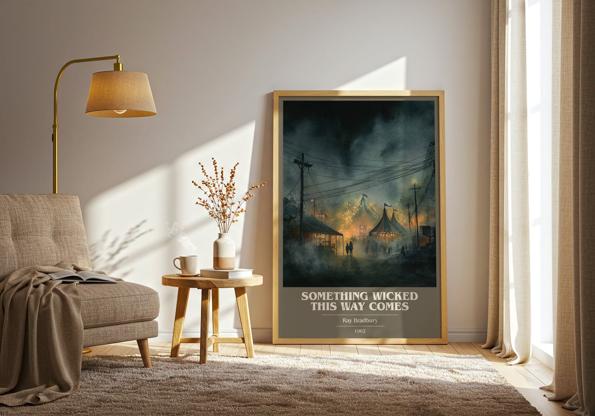 Something Wicked this Way Comes book cover print framed by window – literary home decor