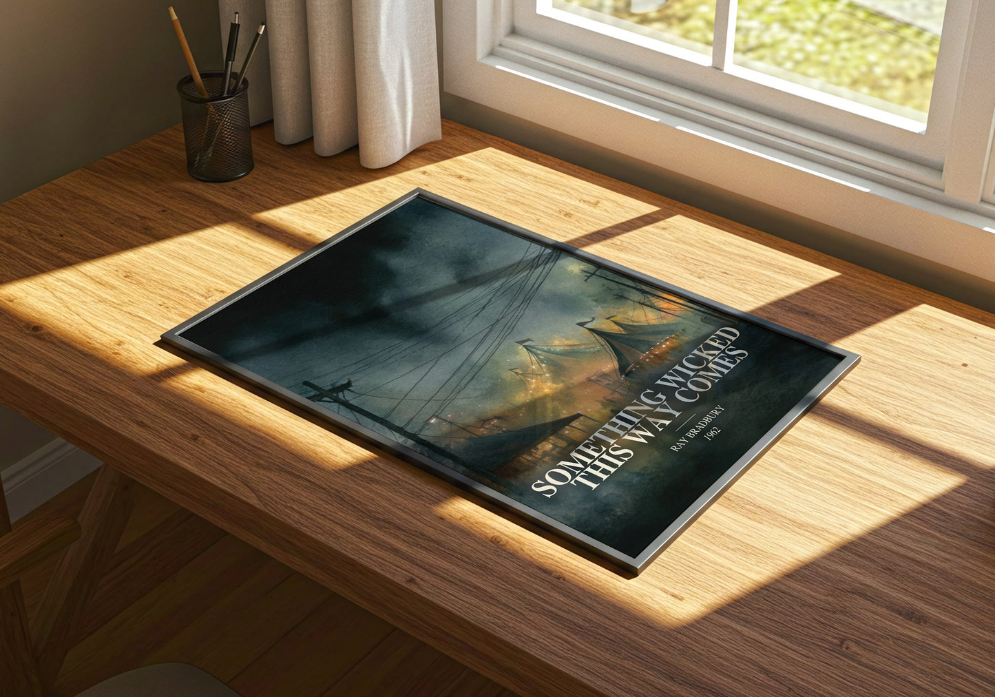 Something Wicked This Way Comes watercolour book poster framed on wall – fantasy wall art