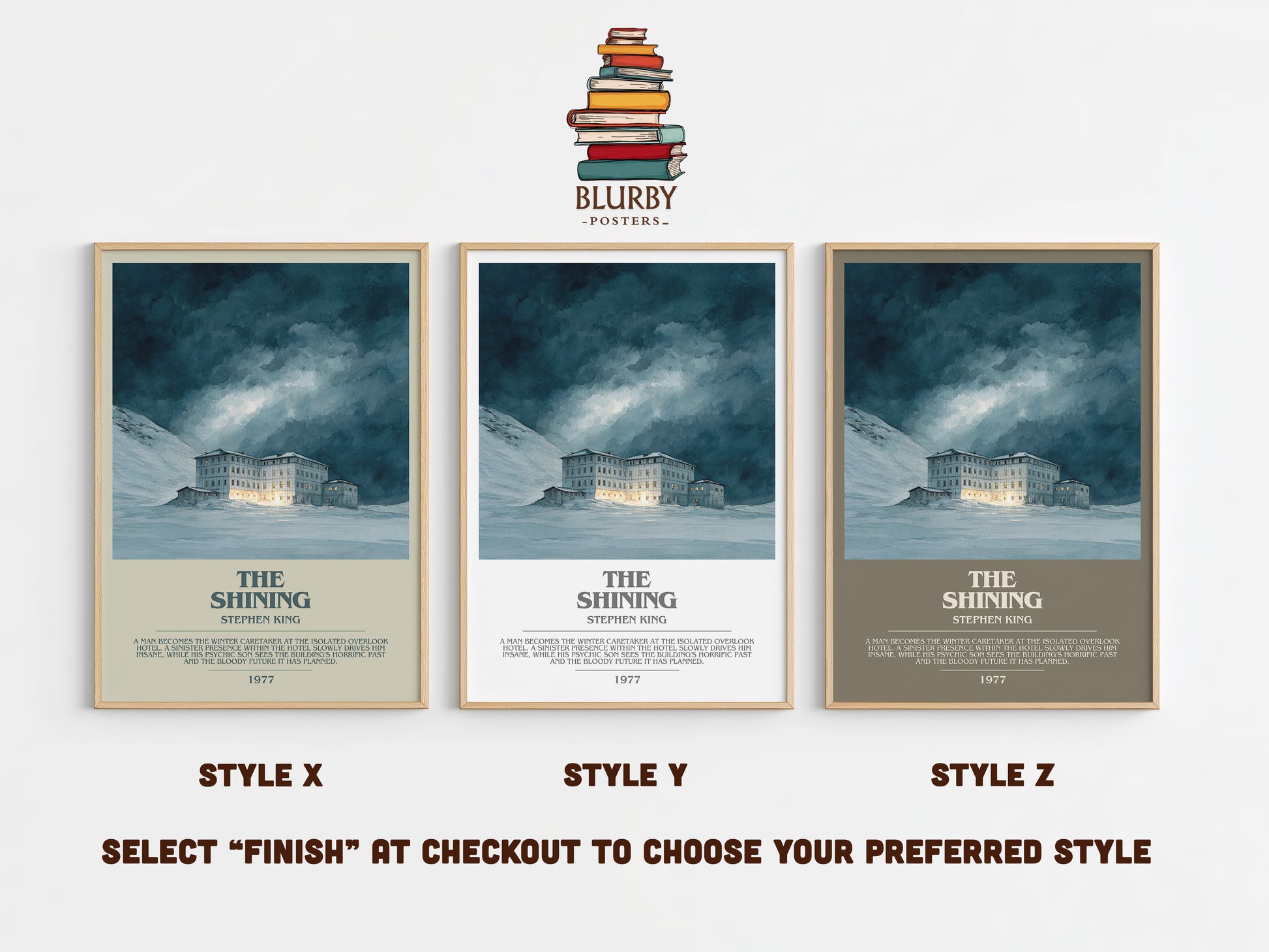 The Shining bookish print in frame leaning in hallway – horror wall art