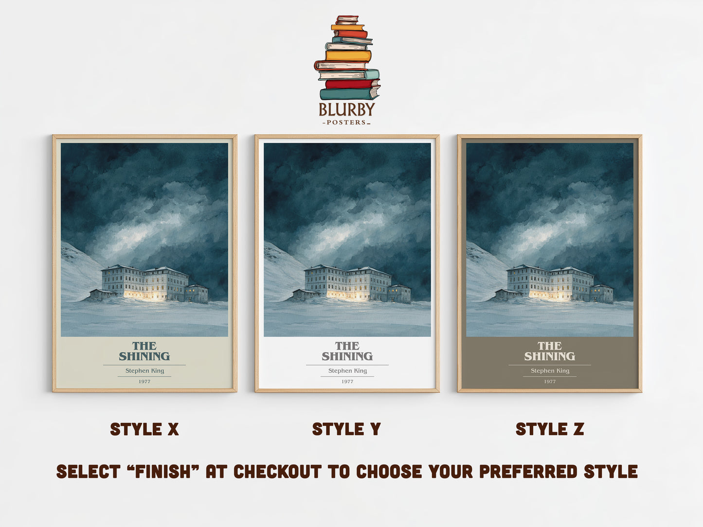 The Shining book cover print in frame leaning in hallway – horror wall art
