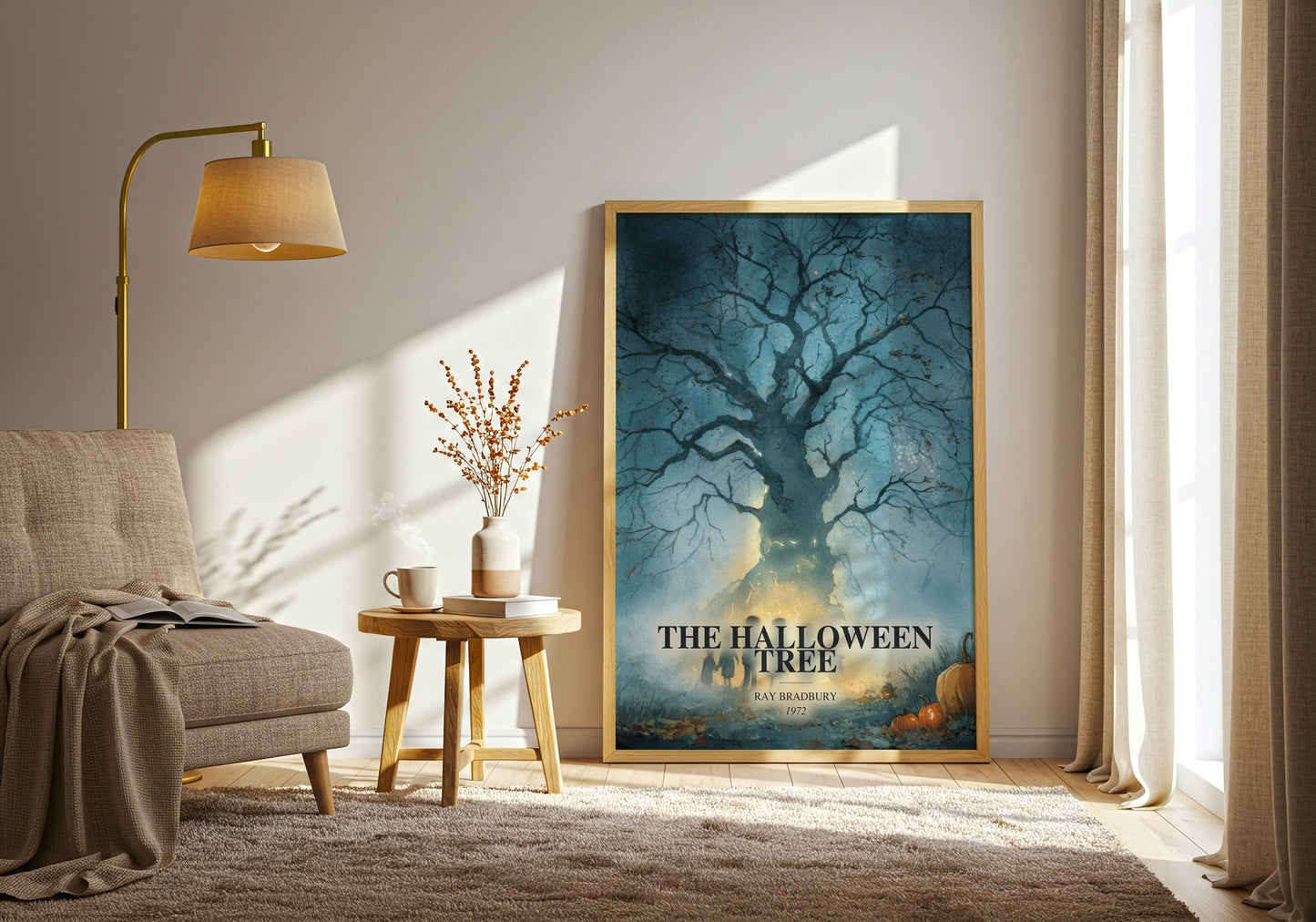 The Halloween Tree watercolour print in frame leaning in hallway – childrens wall art