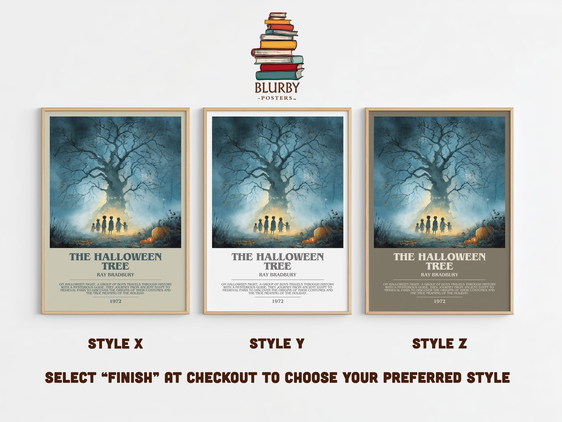 The Halloween Tree bookish print in frame leaning in hallway – childrens wall art