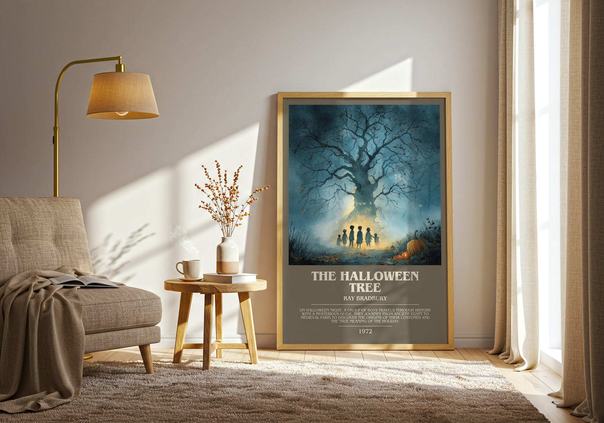 The Halloween Tree bookish print framed by window – literary home decor