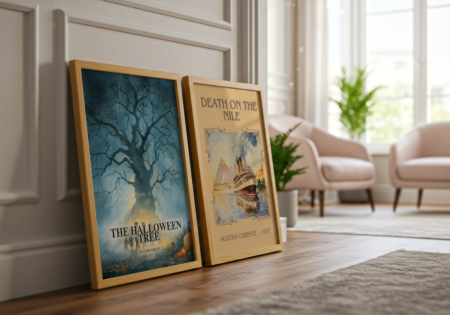 The Halloween Tree watercolour print framed by window – literary home decor