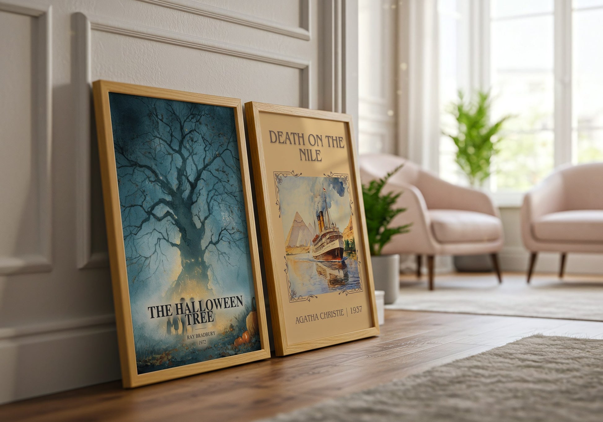 The Halloween Tree watercolour print framed by window – literary home decor