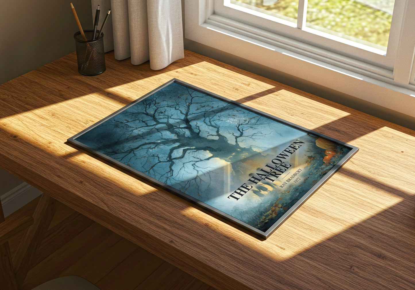 The Halloween Tree watercolour book poster framed on wall – childrens wall art