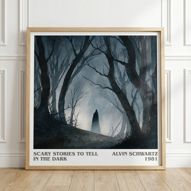 More Scary Stories to Tell in the Dark literary print in frame leaning in hallway – horror wall art