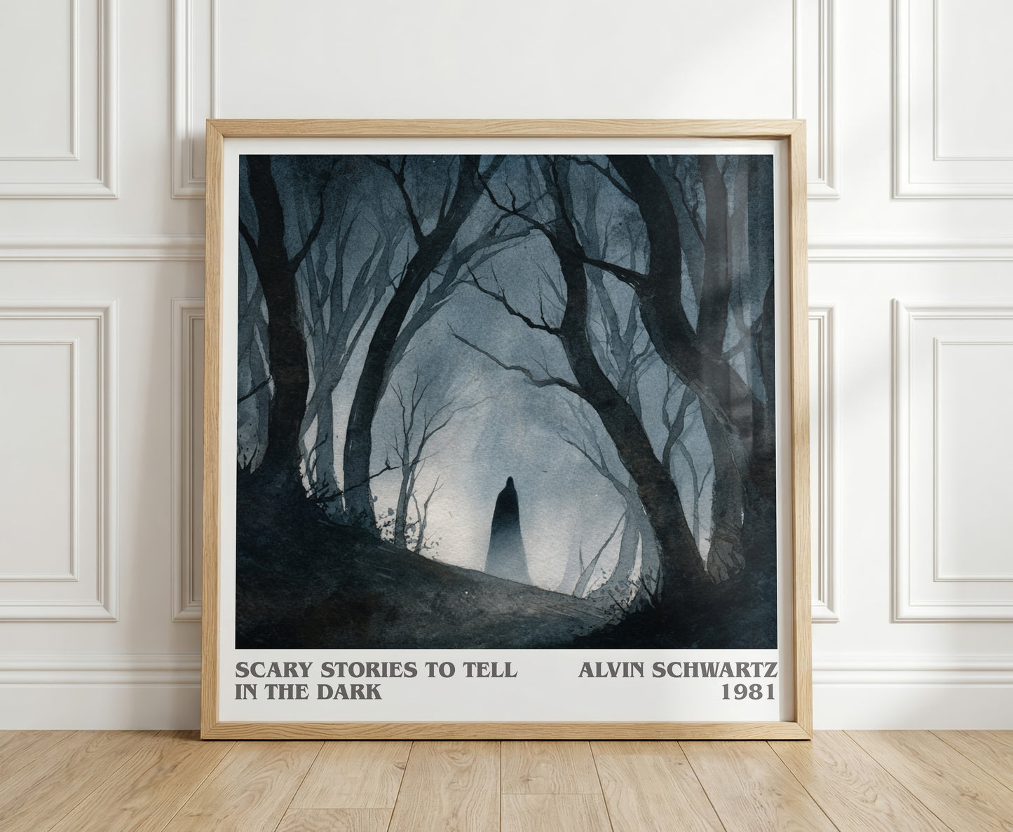More Scary Stories to Tell in the Dark literary print in frame leaning in hallway – horror wall art