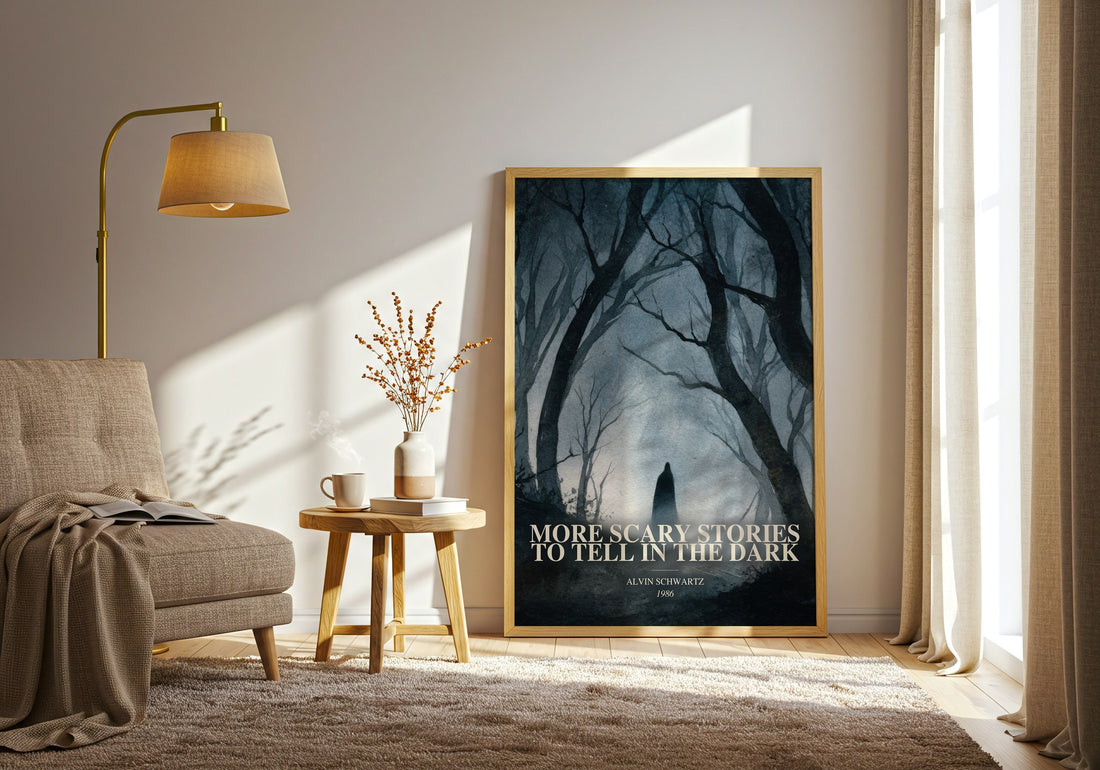 More Scary Stories To Tell In The Dark watercolour print in frame leaning in hallway – childrens wall art (mockup)