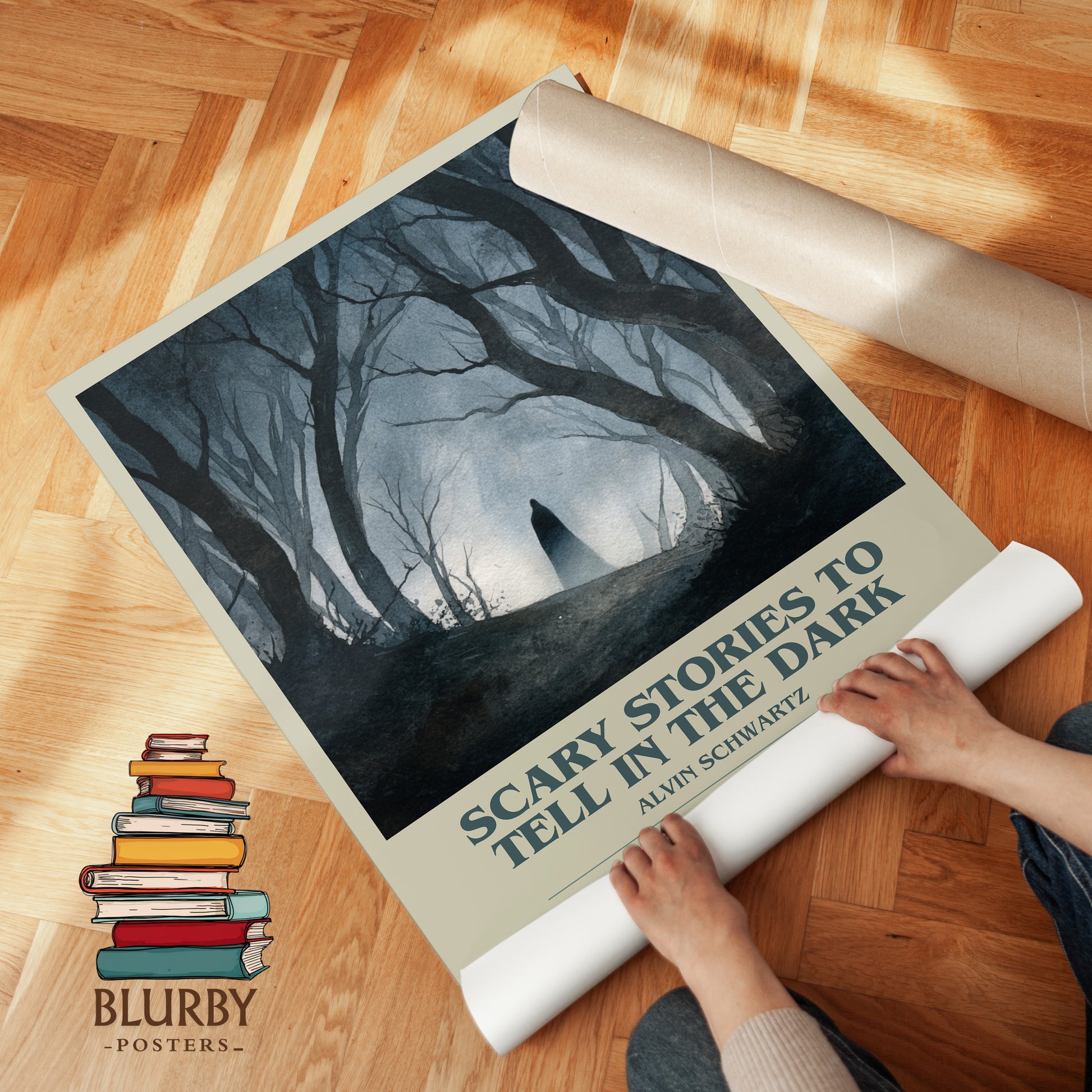 More Scary Stories to Tell in the Dark bookish print on bookshelf – Alvin Schwartz fan gift