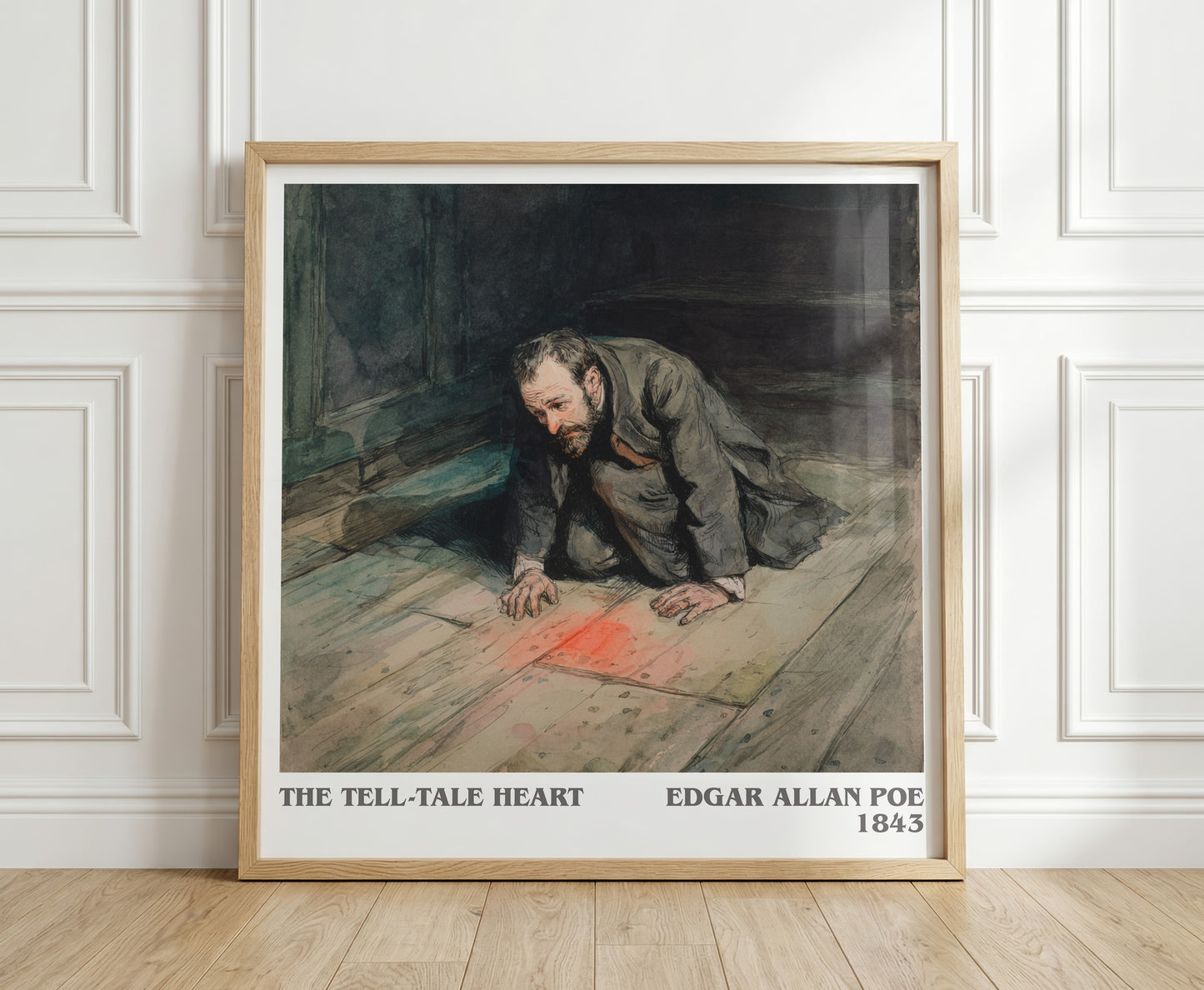 The Tell-Tale Heart literary print in frame leaning in hallway – gothic wall art