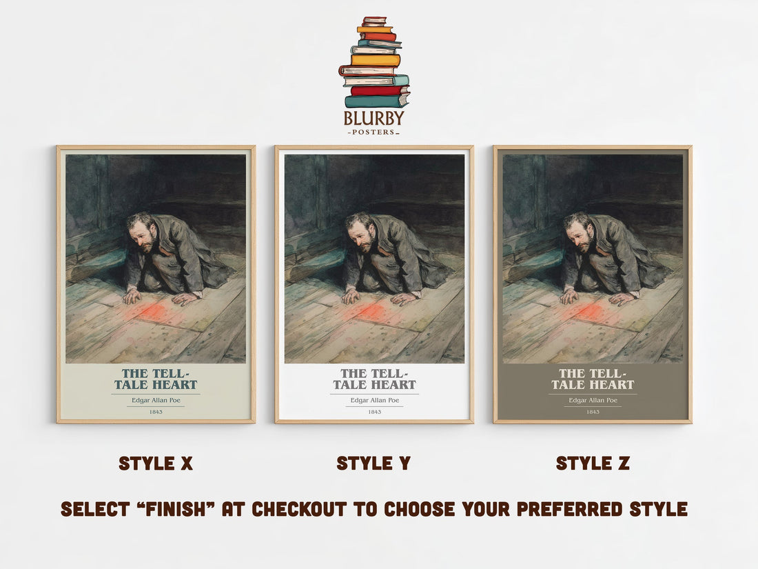 The Tell-Tale Heart book cover print in frame leaning in hallway – gothic wall art (mockup)