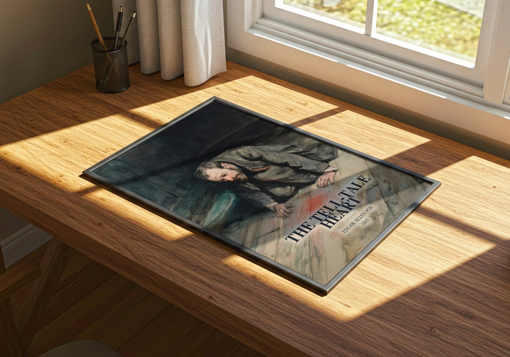 The Tell-Tale Heart watercolour book poster framed on wall – horror wall art