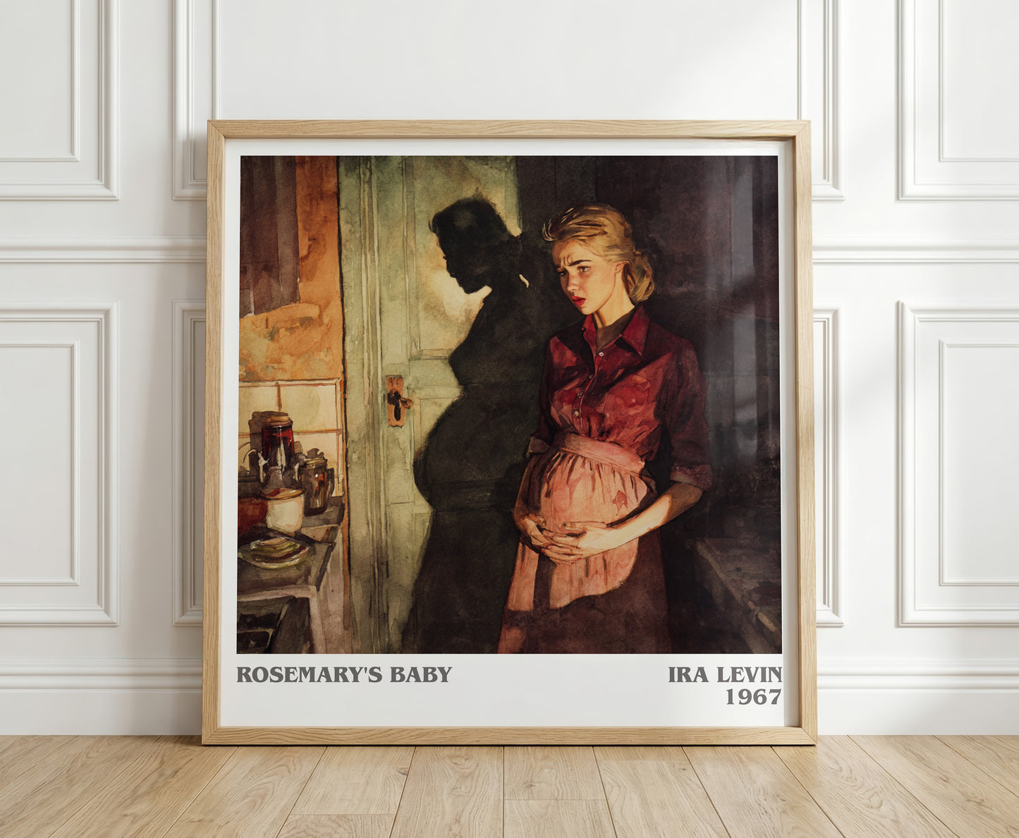Rosemary's Baby literary print in frame leaning in hallway – horror wall art