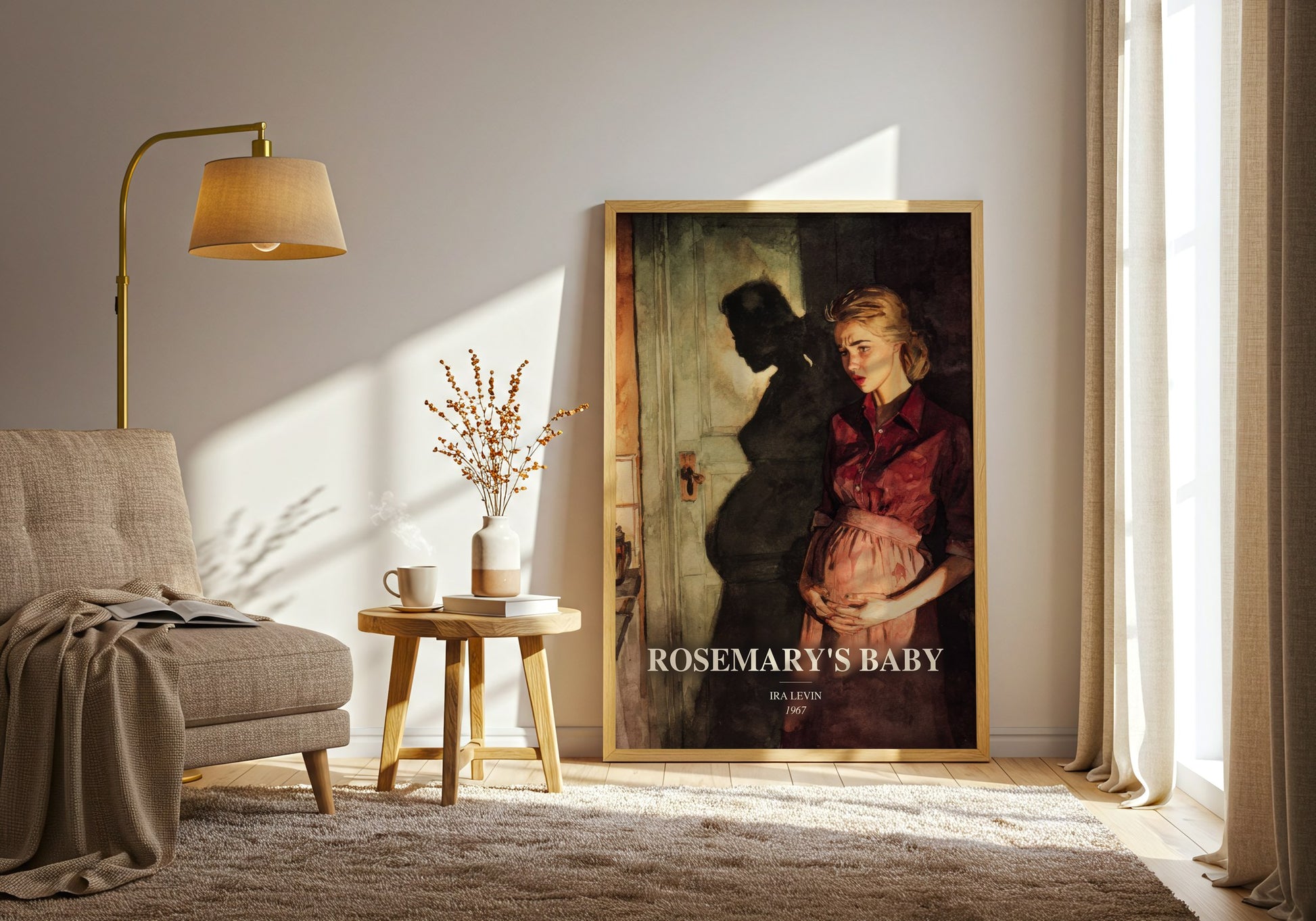 Rosemary'S Baby watercolour print in frame leaning in hallway – horror wall art