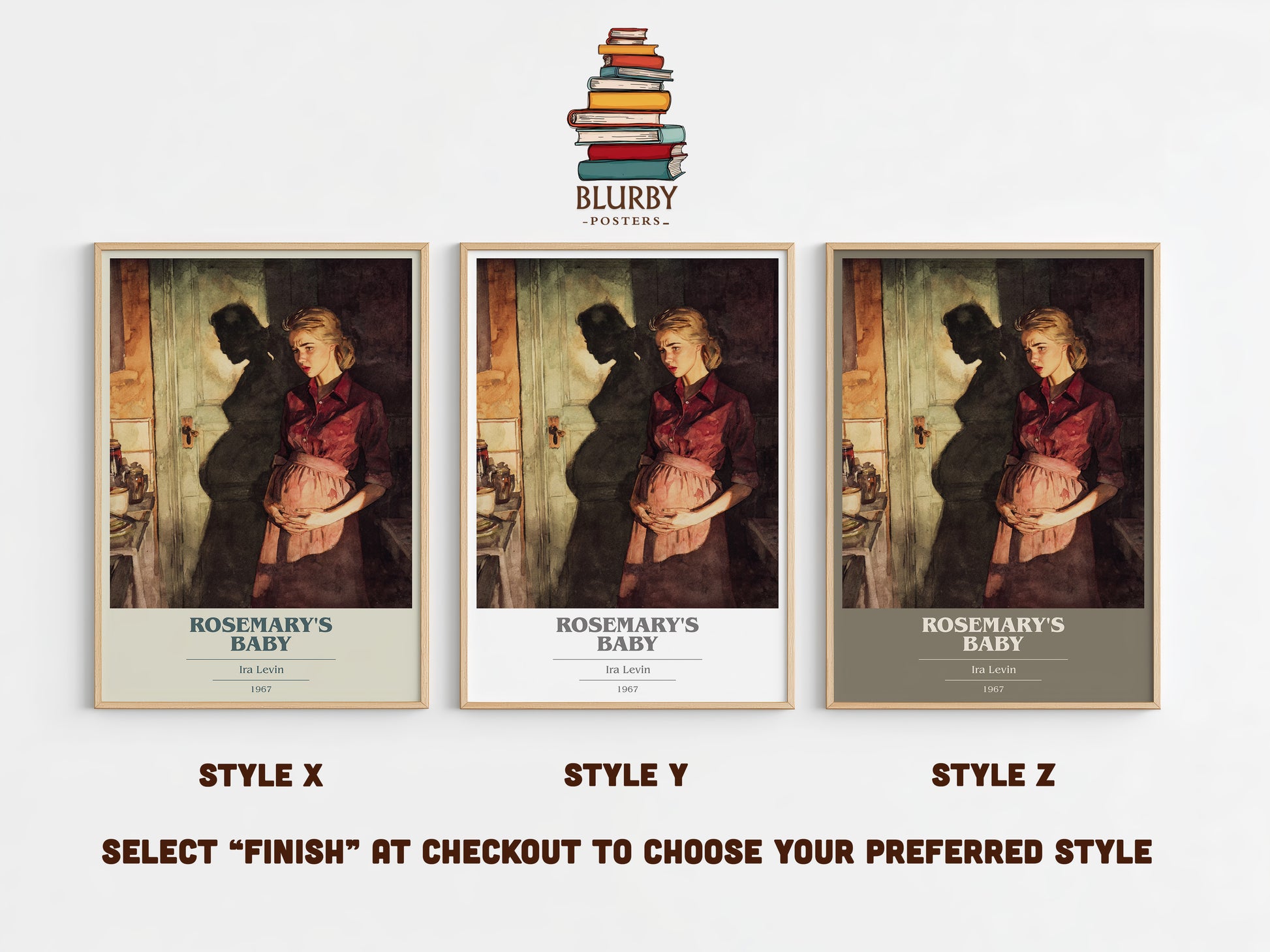 Rosemary's Baby book cover print in frame leaning in hallway – horror wall art