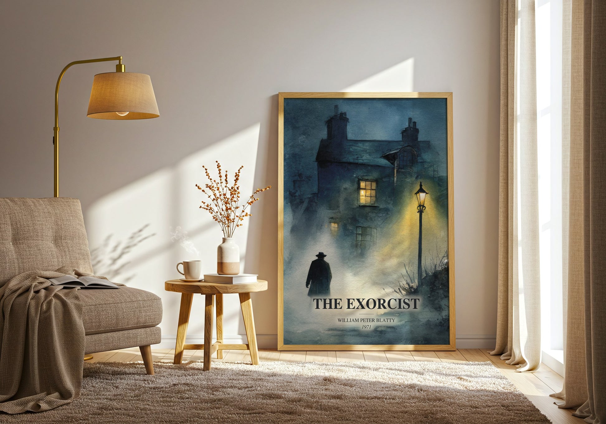 The Exorcist watercolour print in frame leaning in hallway – horror wall art