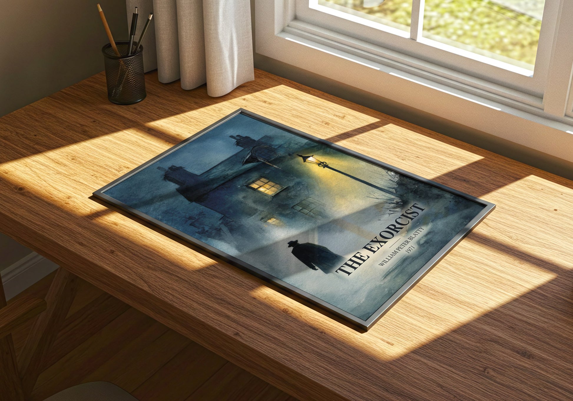 The Exorcist watercolour book poster framed on wall – horror wall art