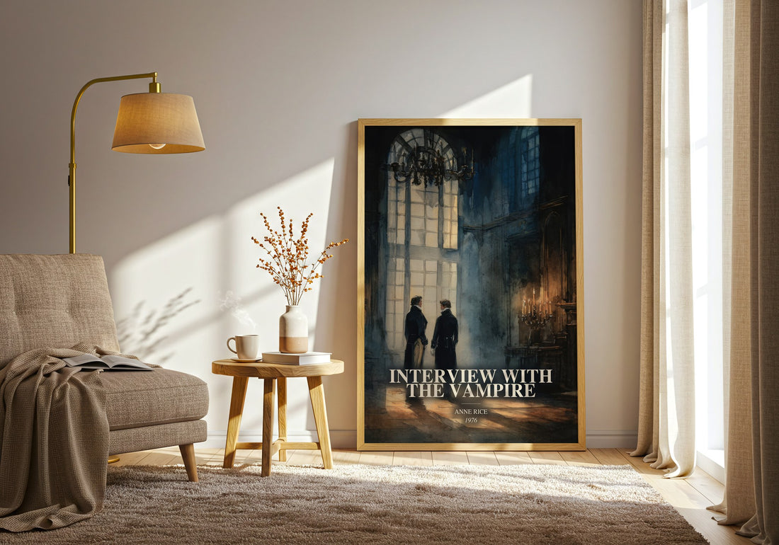 Interview With The Vampire watercolour print in frame leaning in hallway – gothic wall art (mockup)