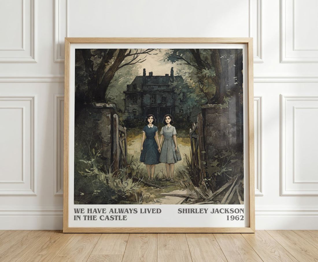 We Have Always Lived in the Castle literary print in frame leaning in hallway – gothic wall art (mockup)
