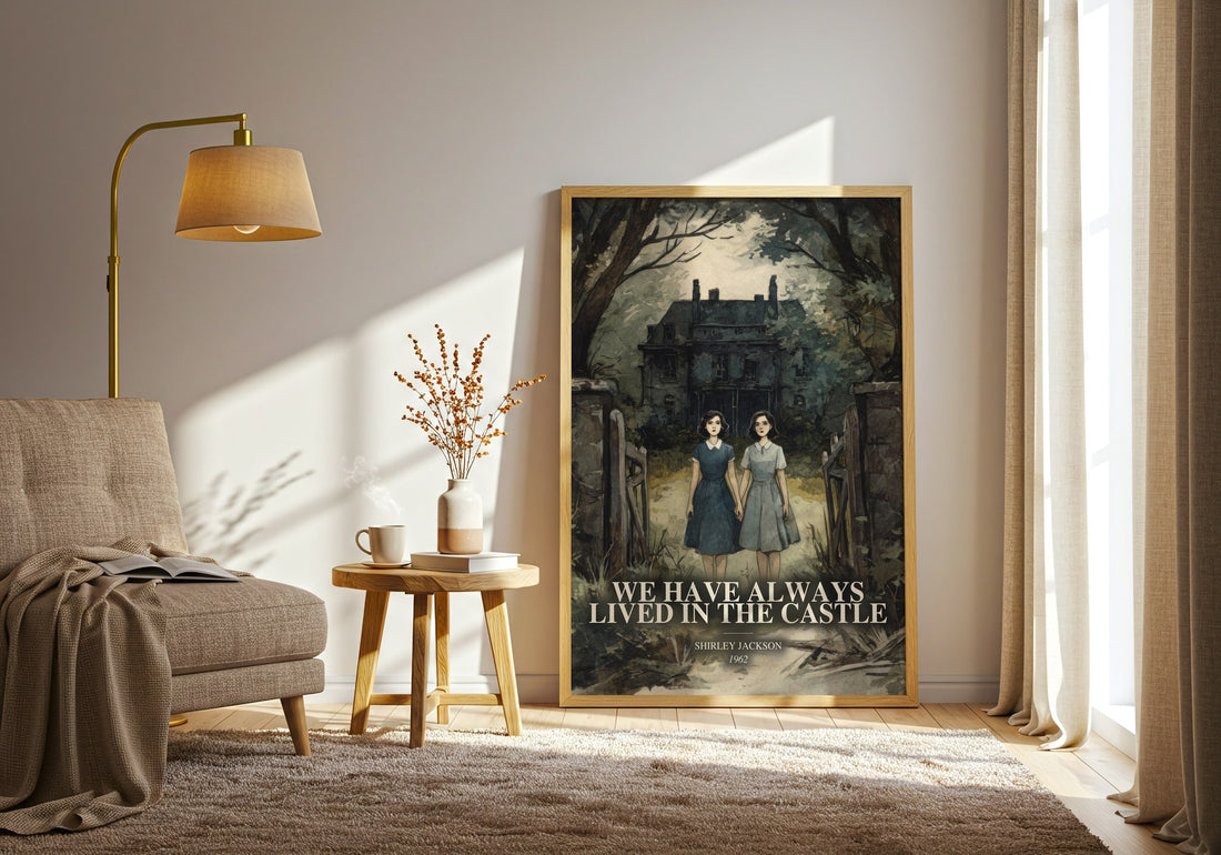 We Have Always Lived In The Castle watercolour print in frame leaning in hallway – gothic wall art (mockup)