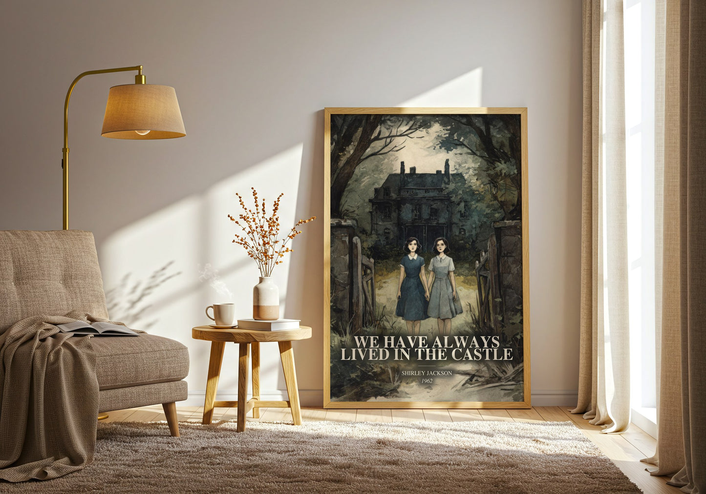We Have Always Lived In The Castle watercolour print in frame leaning in hallway – gothic wall art