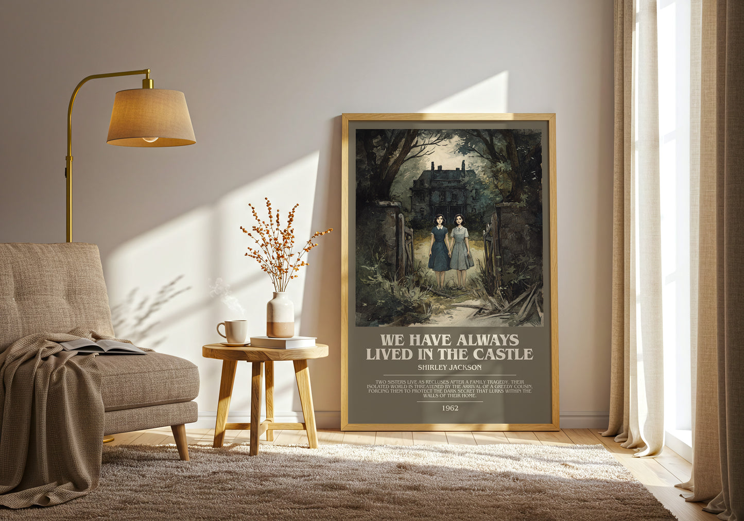 We Have Always Lived in the Castle bookish print framed by window – literary home decor