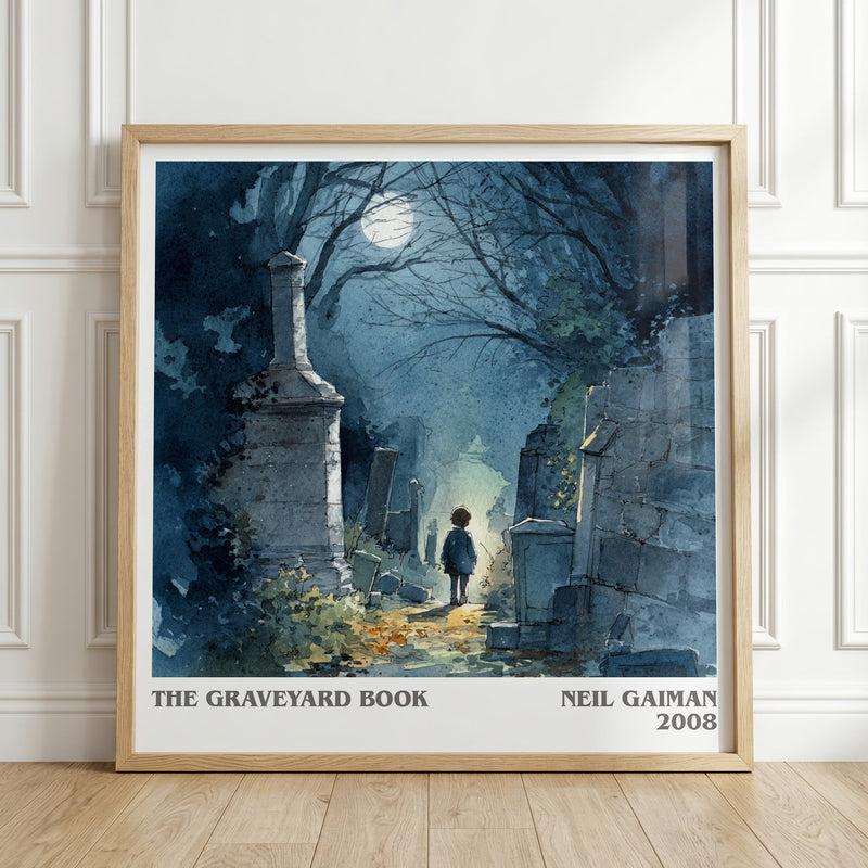 The Graveyard Book literary print in frame leaning in hallway – childrens wall art