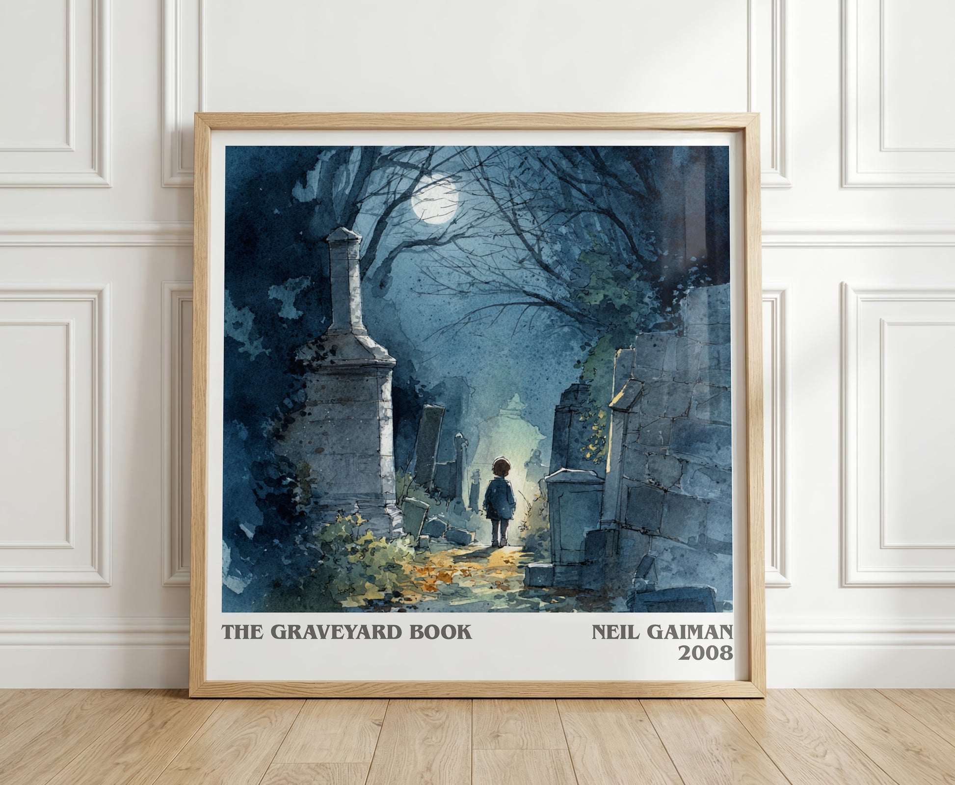 The Graveyard Book literary print in frame leaning in hallway – childrens wall art