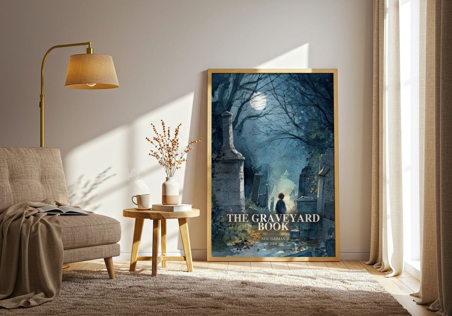 The Graveyard Book watercolour print in frame leaning in hallway – childrens wall art