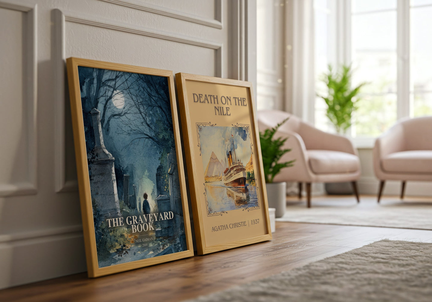 The Graveyard Book watercolour print framed by window – literary home decor