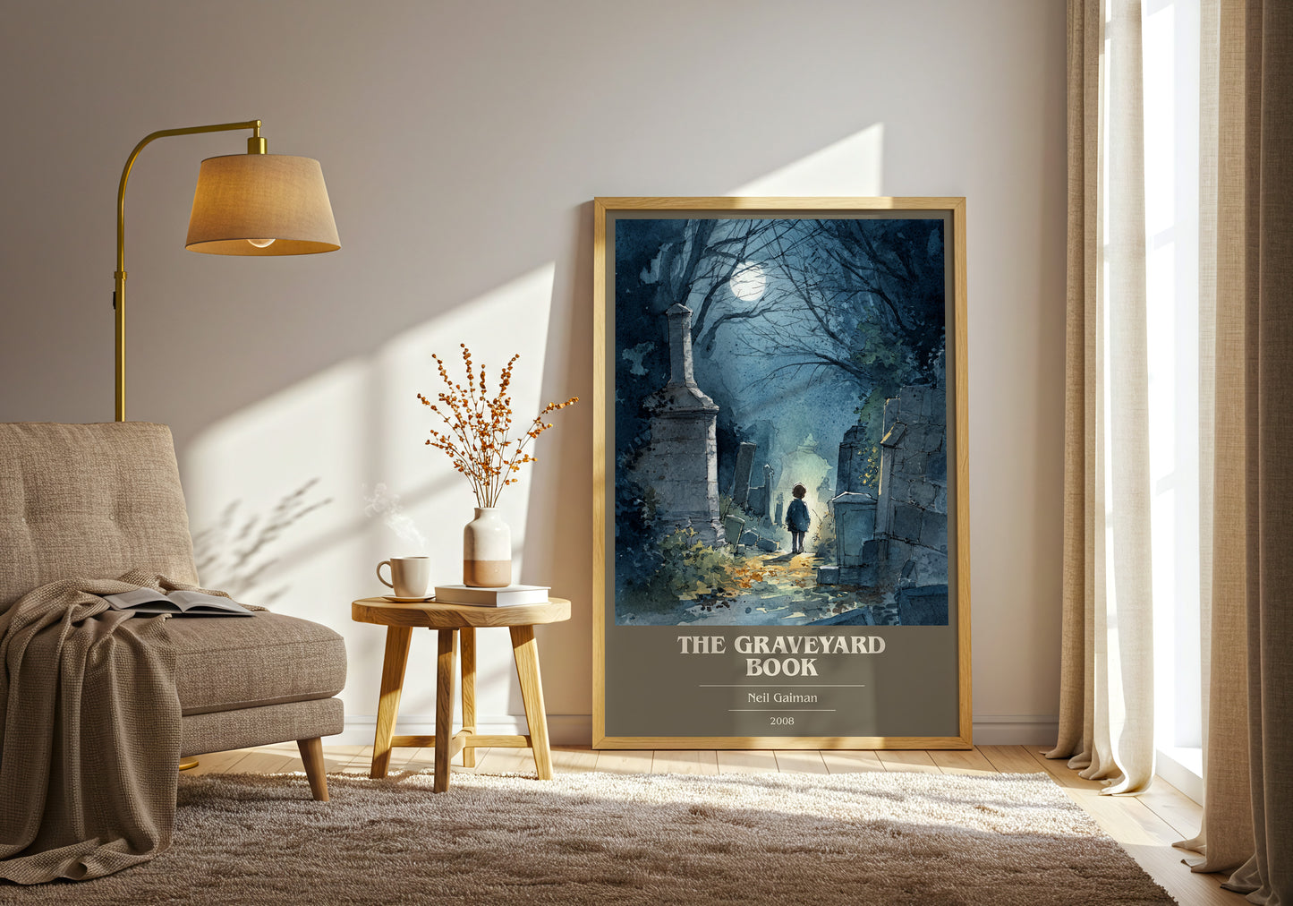The Graveyard Book book cover print framed by window – literary home decor